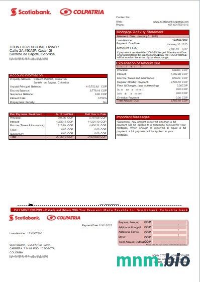 Kolumbia Bank Scotiabank Colpatria wyciąg z kredytu hipotecznego szablon Word i PDF